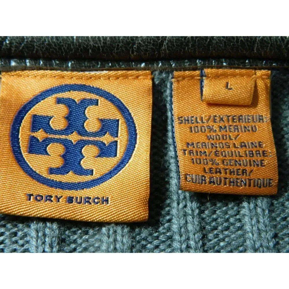 Tory Burch Sweater Cardigan Size Large Gray Wool‎ Leather Trim Round Neck Zip Up